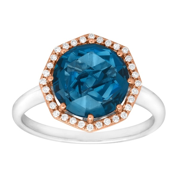 3 1/3 ct Natural London Blue Topaz & 1/8 ct Diamond Ring in Sterling Silver & 10K Rose Gold