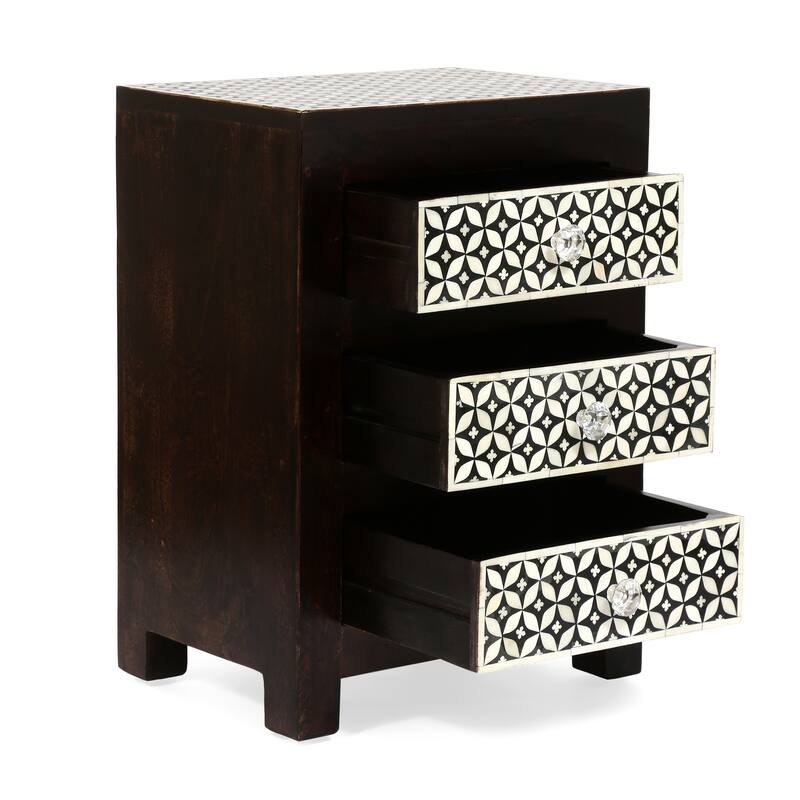 Wooden 3-Drawer Bone-Fitted Nightstand - Classic Storage Bedside Table