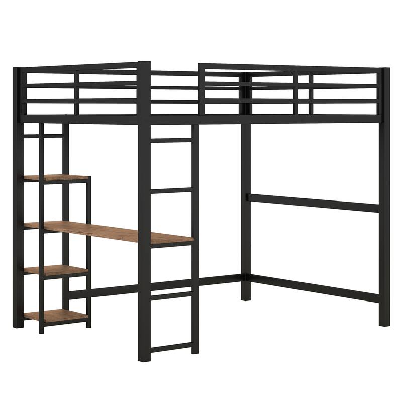 Full Size Black Metal Loft Bed with Built-in Desk and Storage Shelves