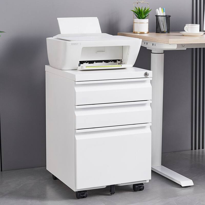 Modern Mobile File Cabinet, Stylish File Cabinet with 3 Drawers, 5 Casters and Lock, for Offices and Studies, White