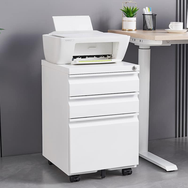 Anmytek Sleek White Mobile Locking File Cabinet with Rolling Casters & Printer Top