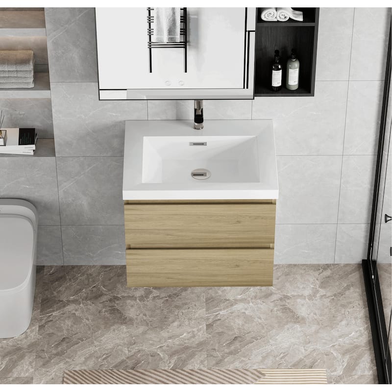 30" Modern Wall-Mounted Floating Bathroom Vanity with Sink, Drawers - Natural Oak