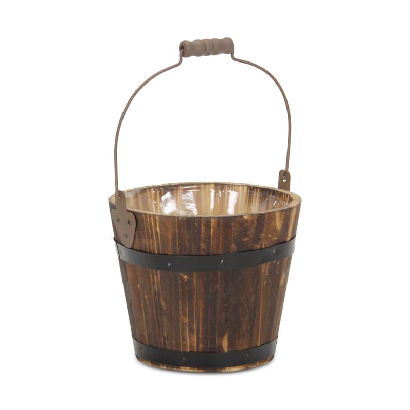 HomeRoots Brown Wood 100 Ounce Round Distressed Bucket Planter - 6.75 in. x 5.75 in. x 6.75 in.