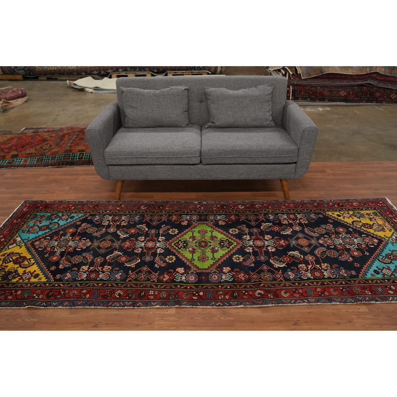 Hand Knotted Oriental 100% Wool Carpet Traditional Geometric Navy Blue & Blues Hamedan Runner Rug - 9' 7'' X 3' 6''