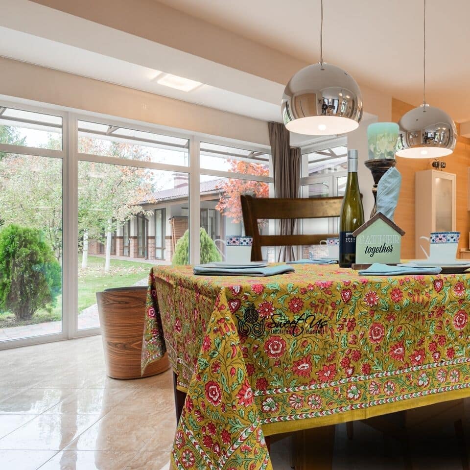 Sweet Us Amara Floral Cotton Block Print Tablecloth Rectangle