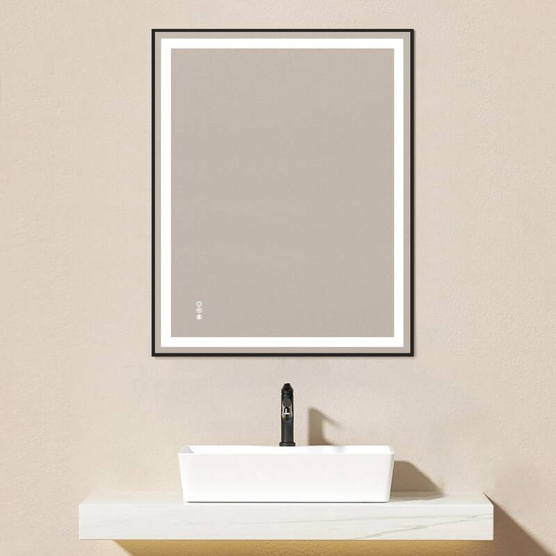 Topcraft Black Framed Tempered Glass Mirror with Dual LED Strip Lighting