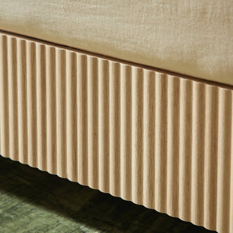 Queen Size Low Profile Platform Bed, Wooden Corrugated Curved Lines Headboard Wingback Bed, Metal Slat Support Bed Frame