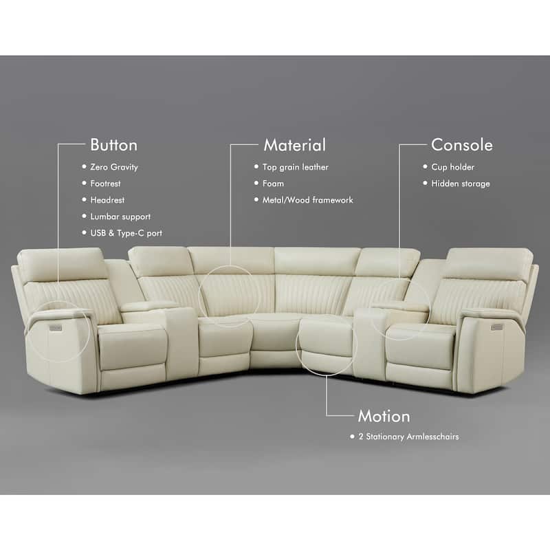 7PCS, 2 Power Recliners, Leather Reclining Sectional with Power Headrest