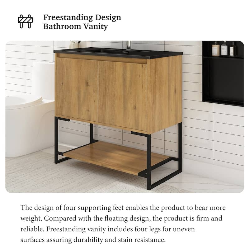 Freestanding Bathroom Vanity Set in Oak with Integrated Solid Surface Sink