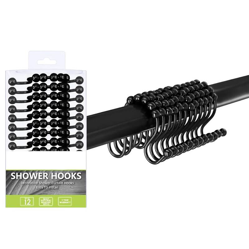 12 Piece Set - Matte Black Double Glide Shower Curtain Hooks Rings Rustproof Metal