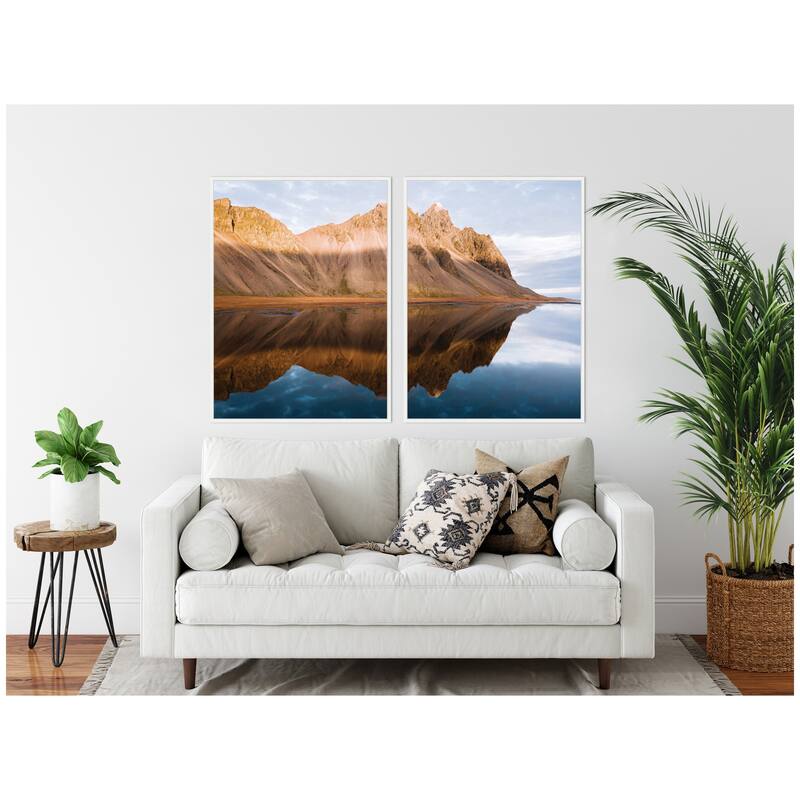Kate and Laurel Sylvie Mountain Reflection in Iceland During Sunset Framed Canvas Art Set by Michael Schauer