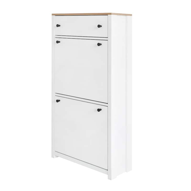 Roomfitters Narrow Shoe Cabinet Set with 4 Flip Compartments, Tipping Bucket Organizer with Adjustable Shelves