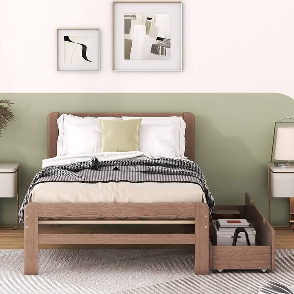 slide 2 of 9, Walnut Twin Size Platform Bed Frame with 2 Drawers and Headboard, Wood Storage Bed, No Box Spring Needed, for Boys Girls Adult Walnut - Twin
