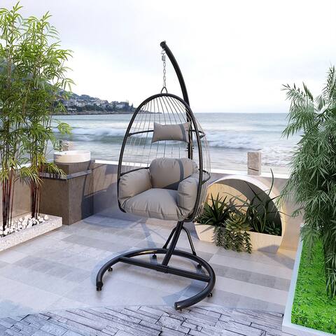 Outdoor Patio Chair Swing, Hanging Cushioned Wicker Basket Chair