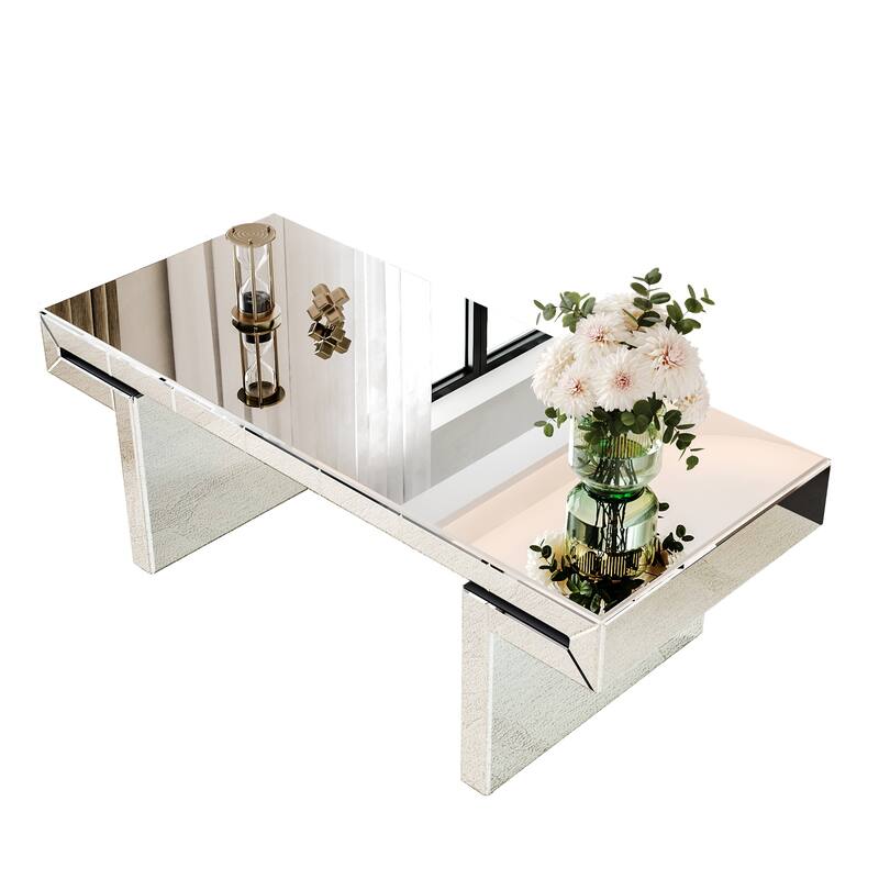 Roomfitters 47" Rectangular Mirrored Coffee Table, Fluted Tempered Glass Center Table for Living Room, Silver