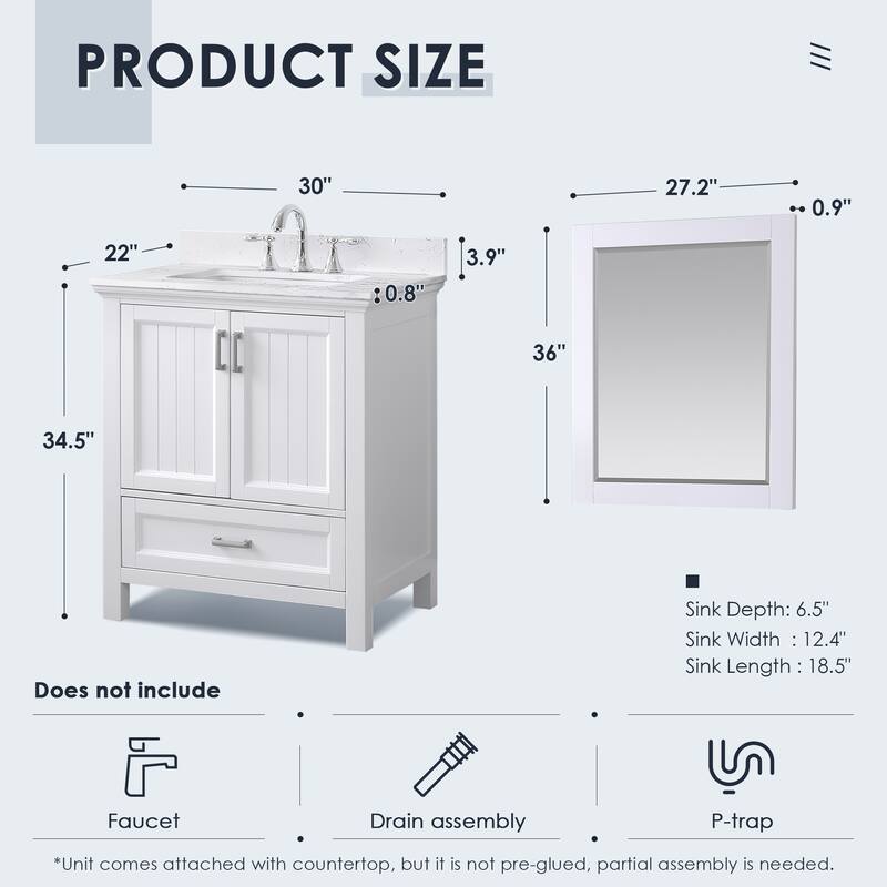 Altair Isla Single Bathroom Vanity Set and Aosta White Countertop with Mirror