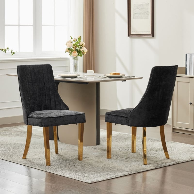 Set of 2 High-Back Upholstered Dining Chairs with Gold Metal Legs - Chenille Fabric Kitchen & Accent Chairs