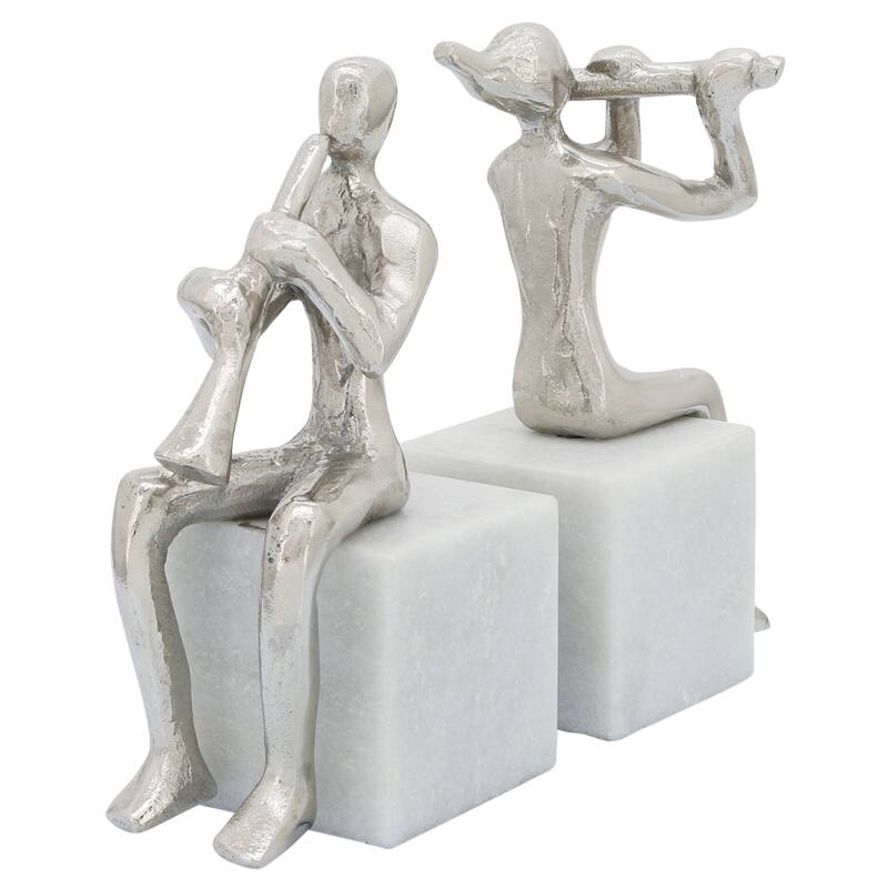Decorative Metal Musicians on Marble Bases Bookends - 8", Silver - 8.0"