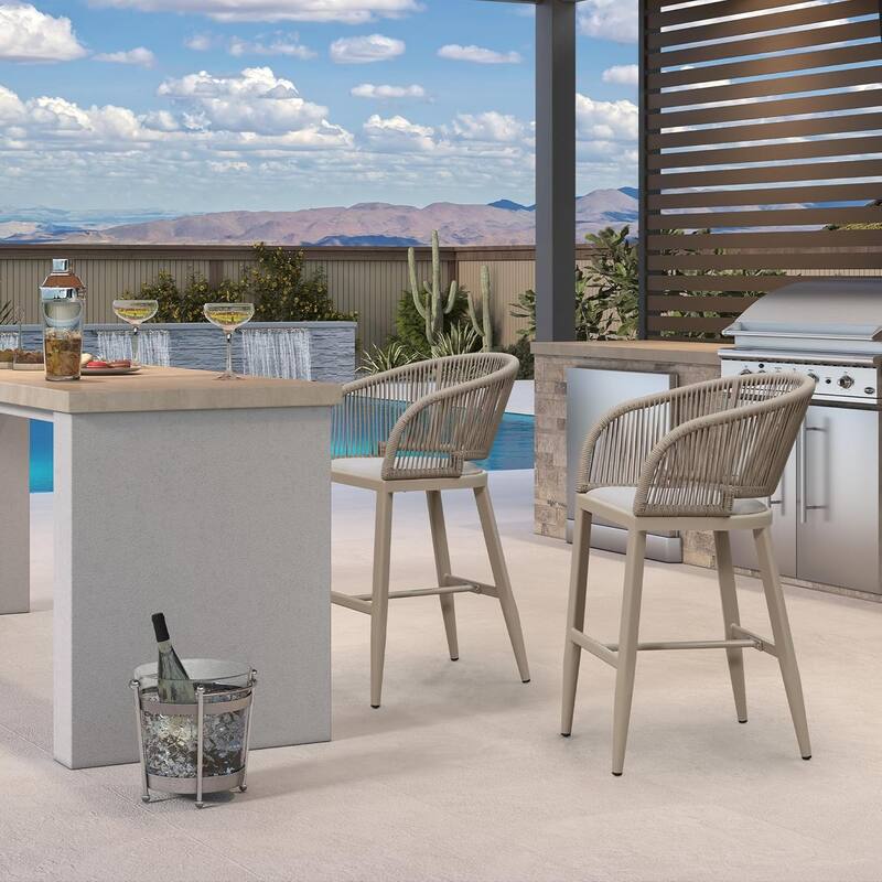 PURPLE LEAF Outdoor Bar Stools Chair Set of 2, All Weather Rattan and Aluminum Patio Bar Stool with Cushion - Cream-Height stool