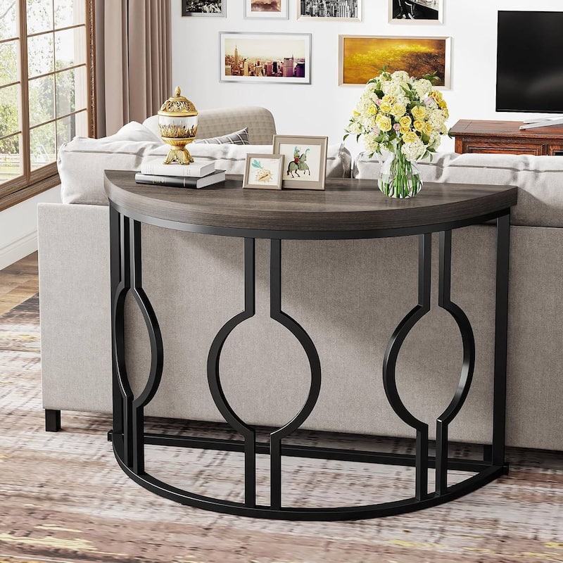 Wood Metal Half Moon Accent Sofa Table with Retro Finish Frame - 13.77"W x 43.3"L x 31.49"H
