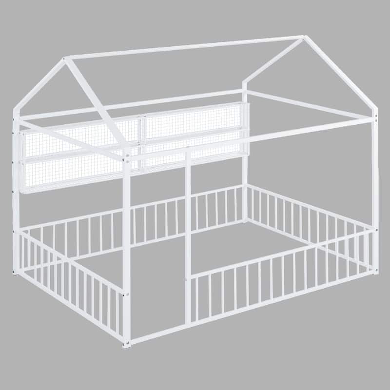 Full Metal House Bed Frame with Shelves and Fence, Unique Design for Kids - White - Full