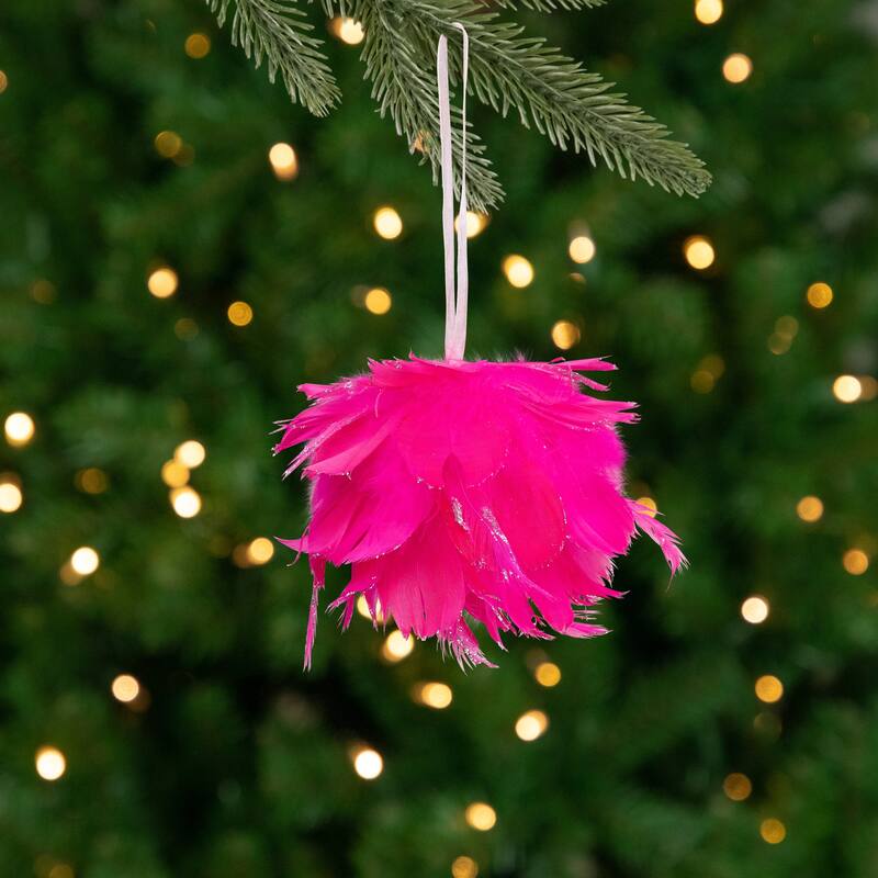 Glittered and Feathered Ball Christmas Ornament - 4" - Hot Pink