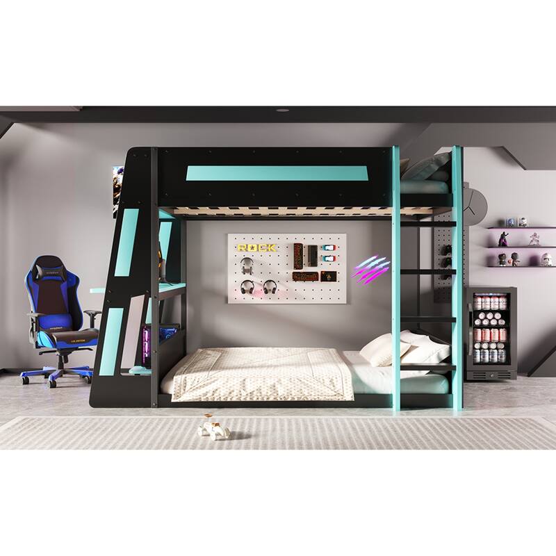 Roomfitters Twin/Full Over Twin Wooden Gaming Bunk Bed with Desk and LED Lights