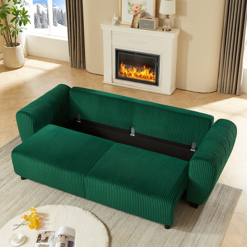 92.1"Corduroy 3-Seater Sofa with 2-in-1 Convertible Design, Built-In Storage Compartments