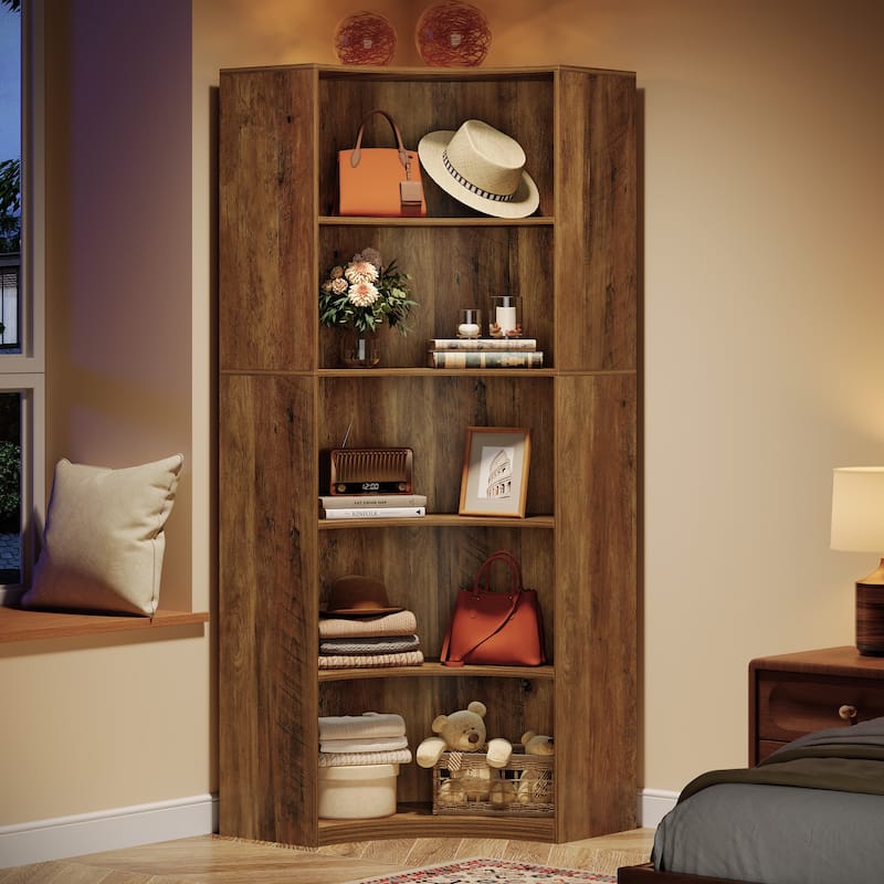 6-Tier Corner Bookshelf, 70.9" Tall Corner Shelf with Curved Edges