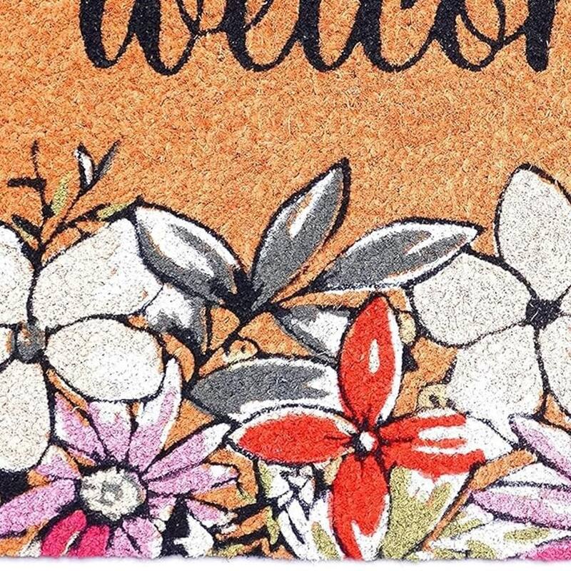 HomeRoots 17" X 29" Brown Black And White Floral Welcome Outdoor Coir Door Mat - 17.00' X '29.00