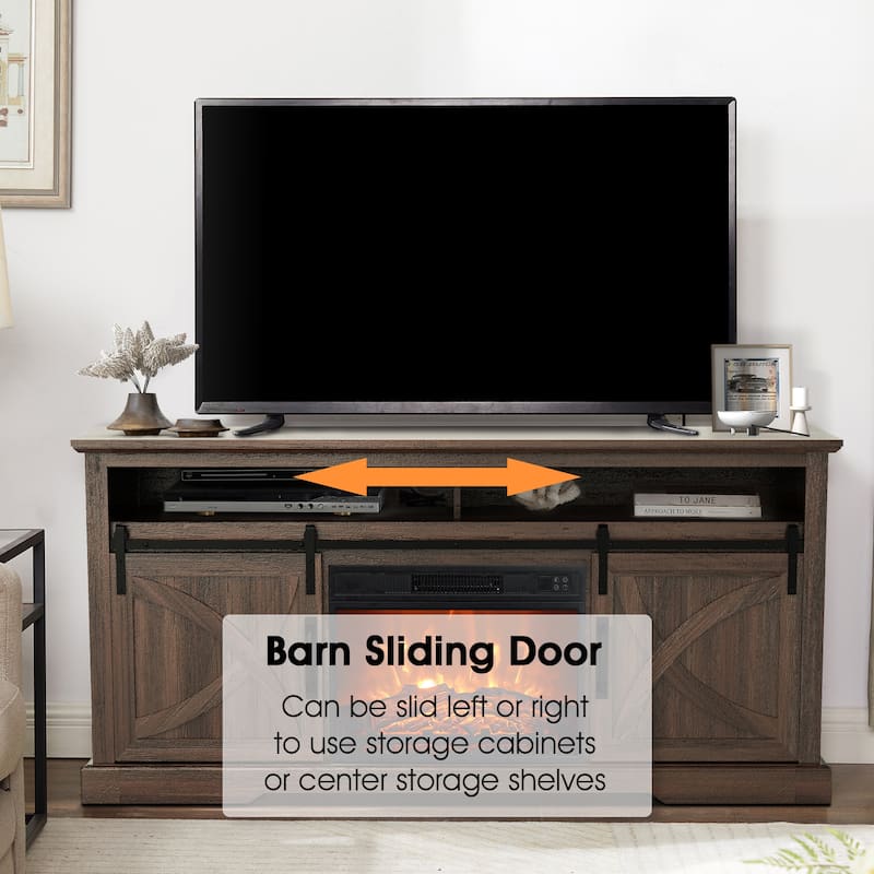68" Farmhouse Sliding Barn Door Fireplace TV Stands Console Table with 23" Electric Fireplace