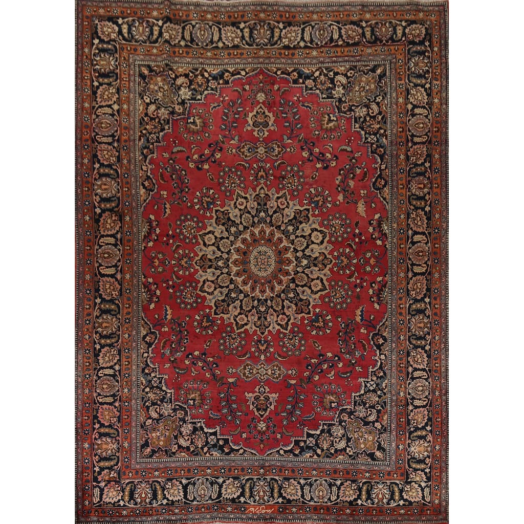 Red & Pink Mashad Persian Vintage Area Rug Handmade Wool Carpet - 9'9"x 12'11"