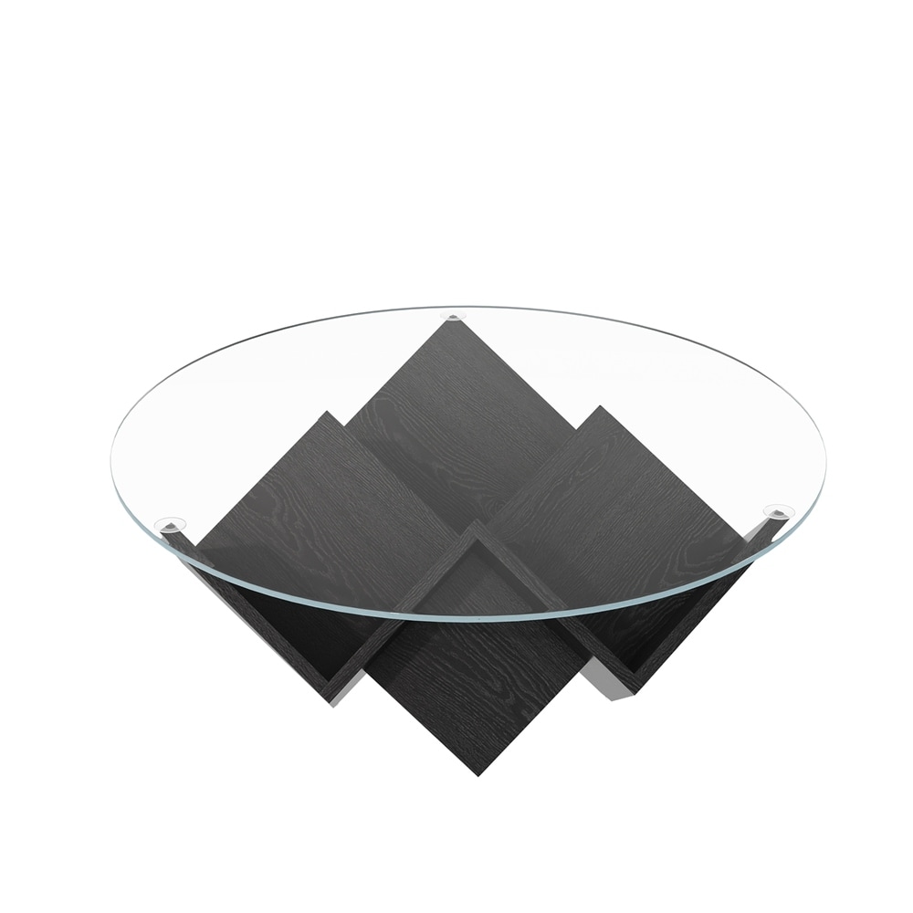 Round Coffee Table with Glass Top and Geometric Abstract Art Deco Base Storage Shelves