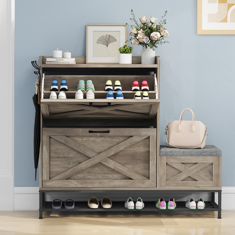 Moasis Farmhouse Shoe Storage Cabinet with 2 Flip Drawers for 16 Pairs Entryway Shoe Storage with Shoe Bench