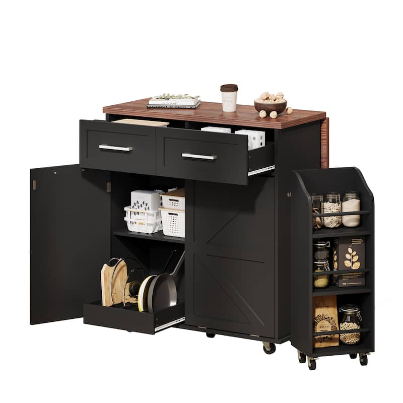 47.2"Farmhouse Kitchen Island with Drop Leaf, Removable Side Racks,Two Drawers,Rolling Kitchen Cart on Wheels with Towel Rack