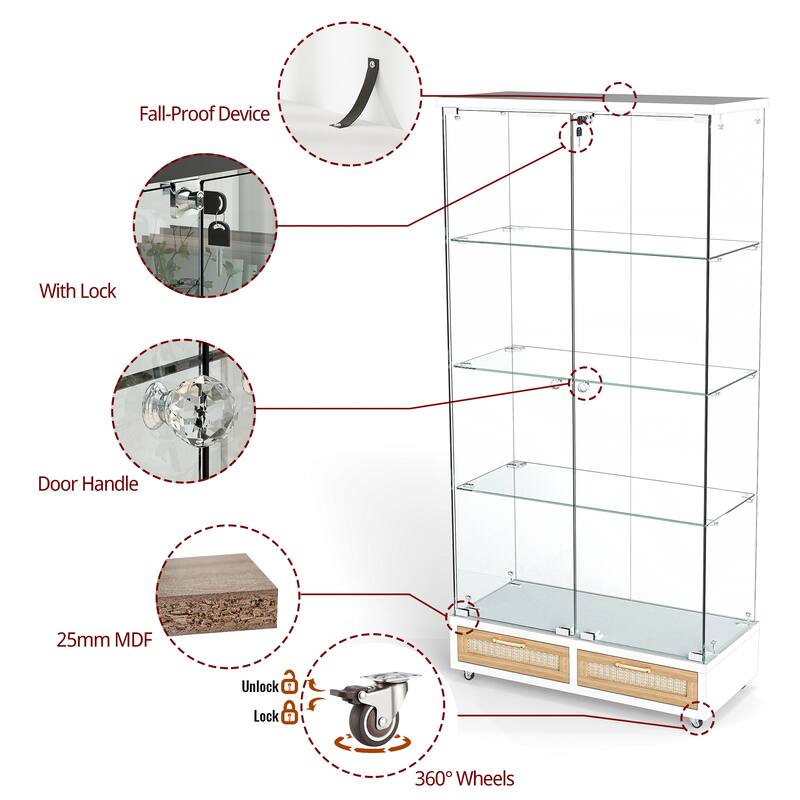 65.9" Modern Glass Display Cabinet with LED Lights, 2 Large Drawers & 4 Shelves, Lockable Storage Case