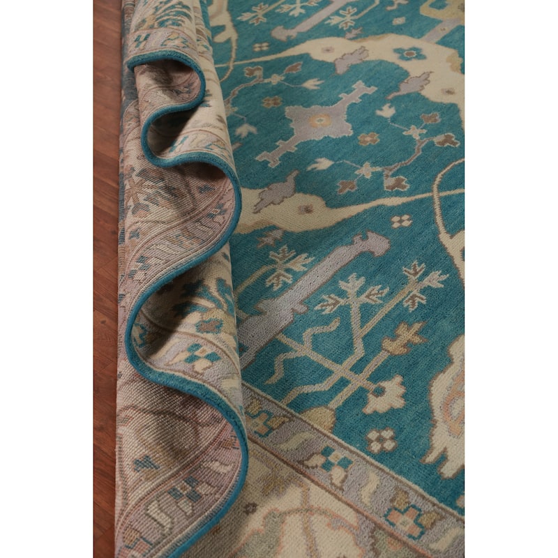 Teal Blue Oushak Indian Area Rug Hand-Knotted Wool Carpet - 9'2" x 11'11"