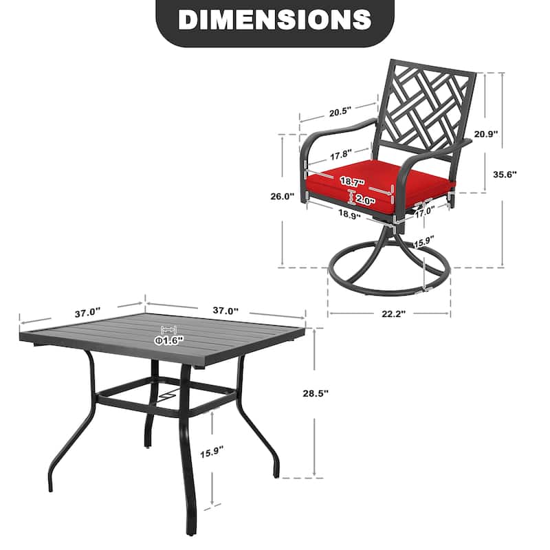 5PCS Metal Patio Dining Set with Umbrella Hole, Swivel Chairs with Cushions
