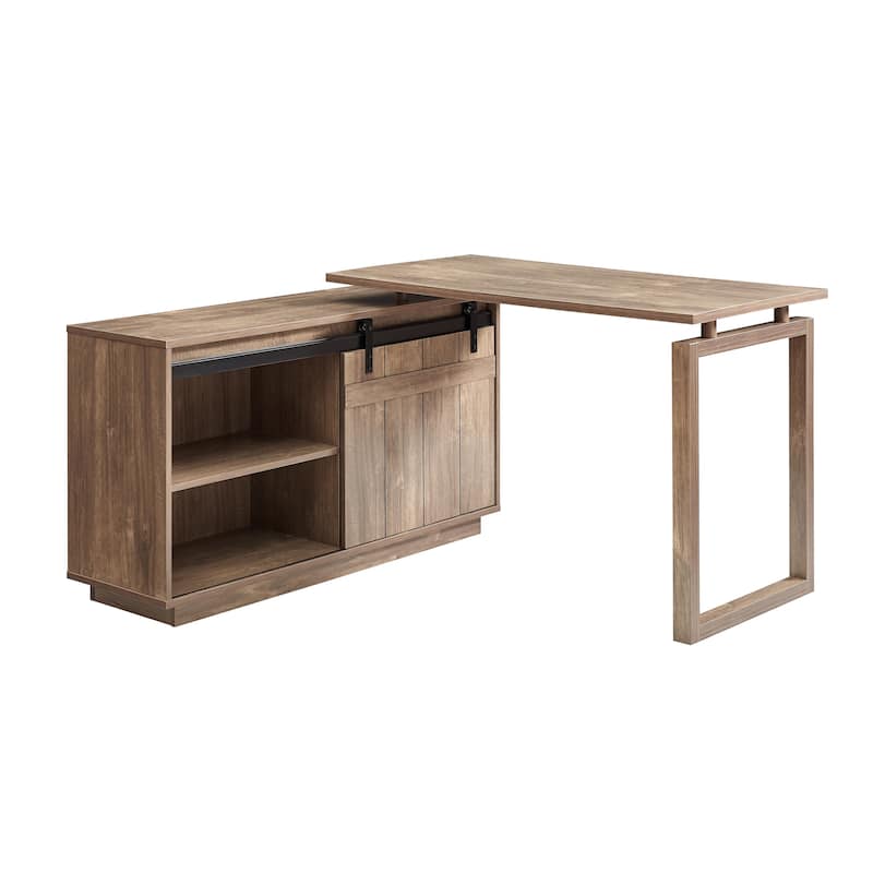 L Shaped Home Office Desk with Storage Credenza and Sliding Barn Door