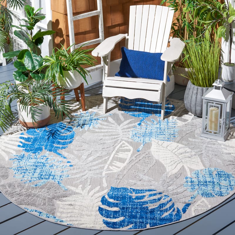 SAFAVIEH Cabana Leala Indoor/ Outdoor Waterproof Patio Floral Rug - 5' Round - Grey/Blue