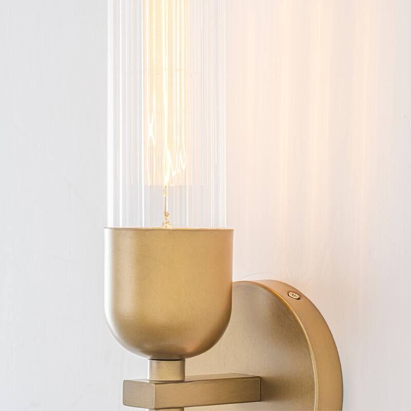Modern 2-Light Wall Sconce with Ribbed Glass Tube Shades - Brass - 5" W x 4.6" D x 23.4" H