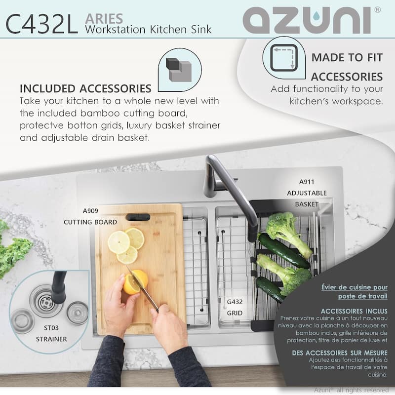 AZUNI 31.25 inch Top Mount Double Bowl Stainless Steel Ledge Workstation Kitchen Sink Handmade - 31.25" x 20.2" x 9"