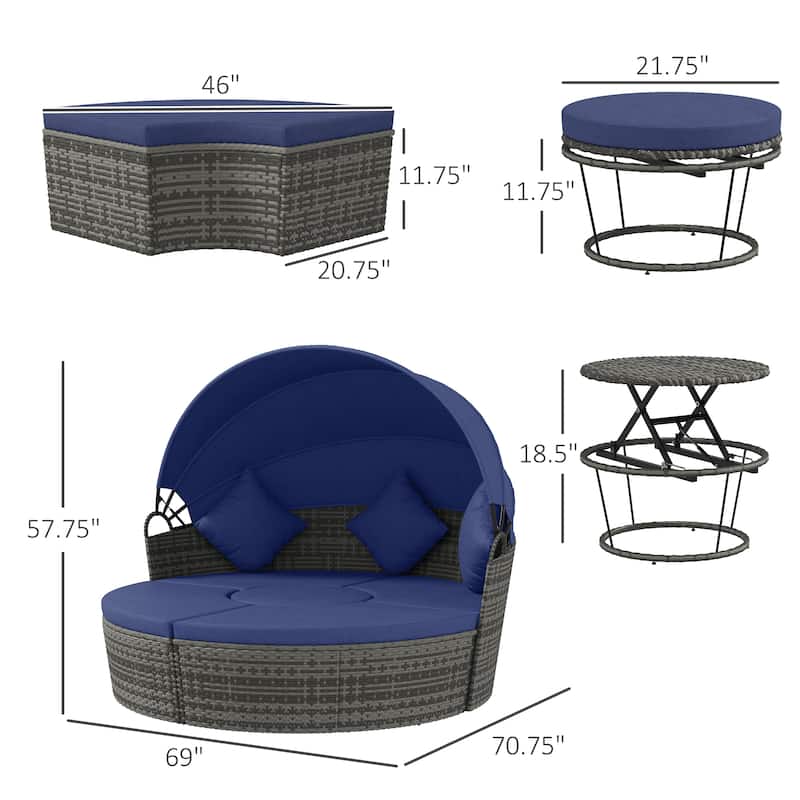 Outsunny 4pc Rattan Patio Furniture Set, Round Convertible Daybed or Sunbed, Adjustable Sun Canopy, Sectional Outdoor Sofa