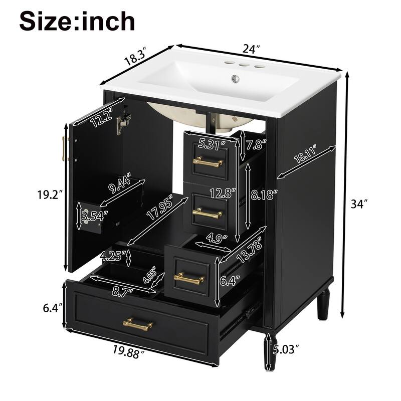 24" Modern Bathroom Vanity with Ceramic Sink, Soft-Close Door, 3 Drawers, Gold Handles, and Door-Mounted Rack