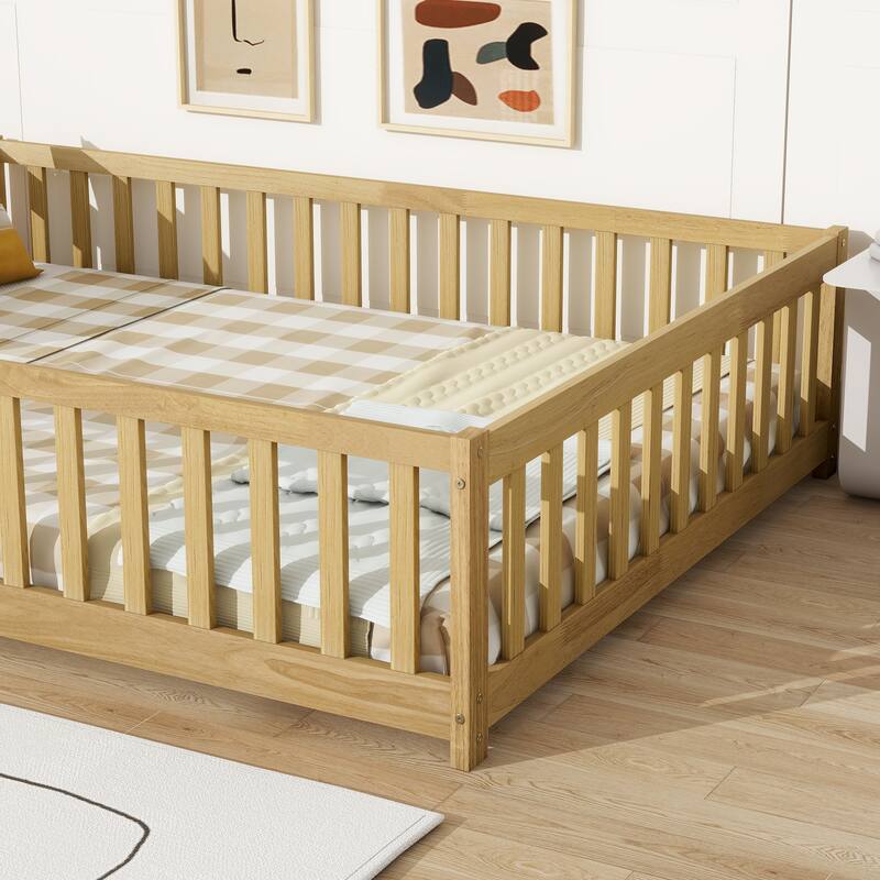 White Full Size Wooden Floor Bed with Fence & Door, Rubber, Safety Guardrails