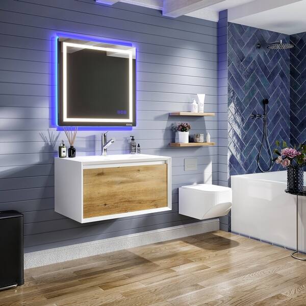 Eviva Venice 36 in. W. x 21 in. D x 22 in. H Wall Mount Bathroom Vanity in Oak and White White Acrylic Integrated Sink Top