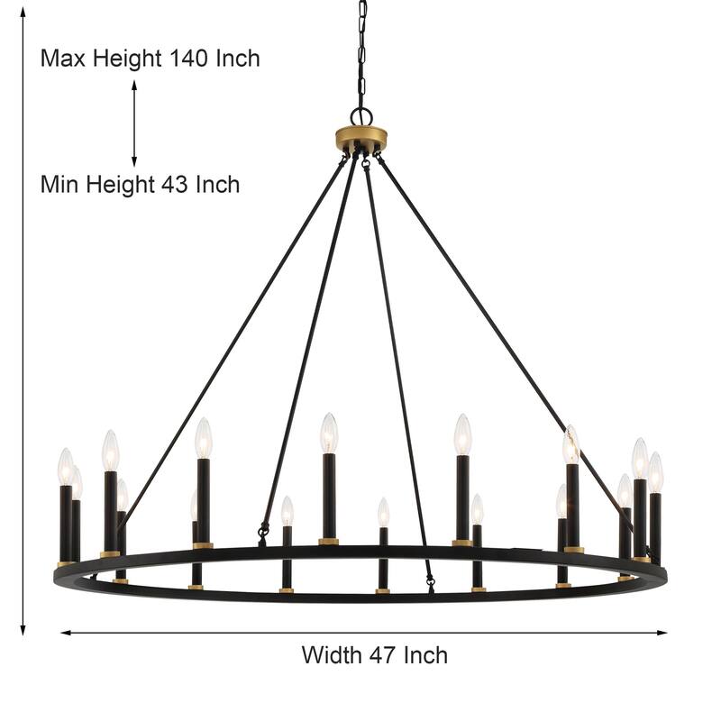 47In Farmhouse 16-light Large Round Wagon Wheel Candle Chandelier - 47'' D X 140'' H