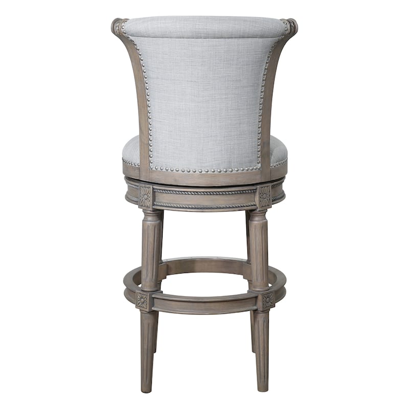 HomeRoots 30" Gray Solid Wood and Linen Bar Height Swivel Bar Chair