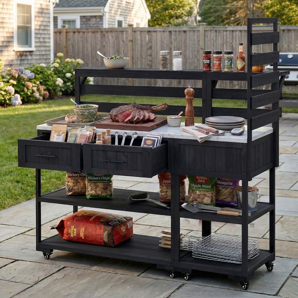 Roomfitters Garden Potting Bench with Wheels, Extra Wide Outdoor Potting Table and BBQ Prep Station, Storage Shelves