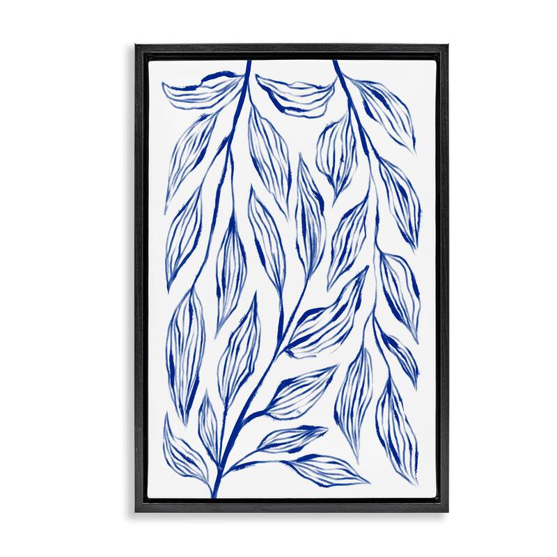Stupell Simple Blue Leaves on White Framed Floater Canvas Wall Art Design By Martina Pavlova - 17 x 25 - Black